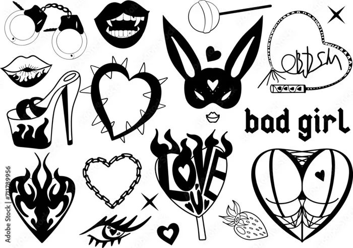Bad girl Bdsm set. Mask of rabbit graphic icon, hearts, lips. Y2k glamour  black tattoo art stickers. Vector illustration Stock Vector | Adobe Stock