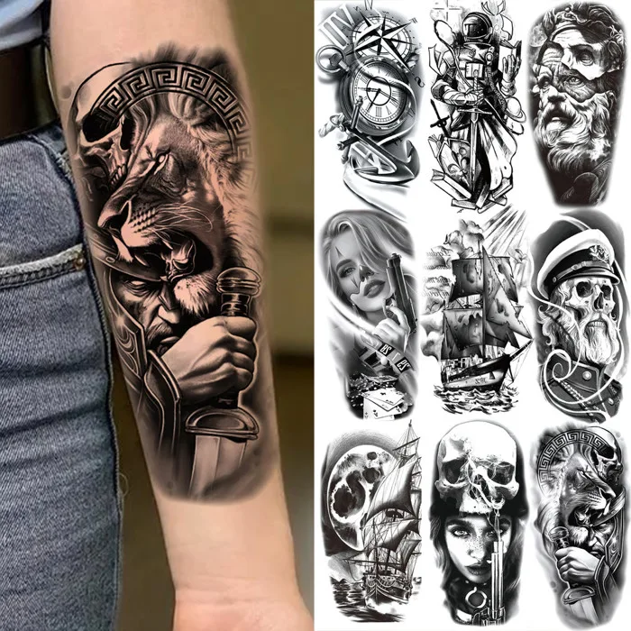 Chiến Binh Sư Tử La Bàn Đầu Lâu Gangster Chống Thấm Nước Tạm Thời Hình Xăm  Dành Cho Nam Nữ Người Lớn Đen Cơ Thể Cánh Tay Giả Hình Xăm Miếng Dán |