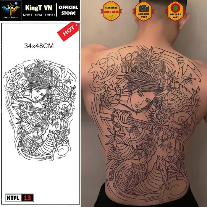 ✅ Hình xăm 15 ngày full lưng nhật cổ geisha cô gái nhật mặt quỷ hàng chính  hãng KingT