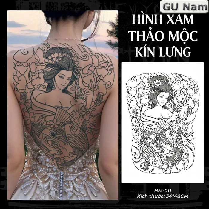 Hình xăm full lưng geisha thiếu nữ bên cá chép HM-011, miếng dán hình xăm  15 ngày chống nước nhật cổ 24h lên hình | Shopee Việt Nam