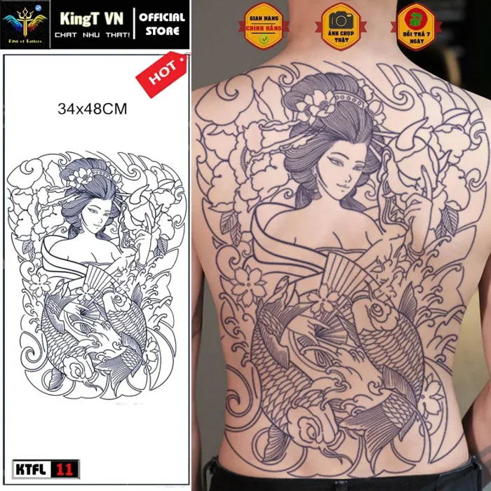 ✅ Hình xăm 15 ngày full lưng nhật cổ geisha cô gái nhật mặt quỷ hàng chính  hãng KingT