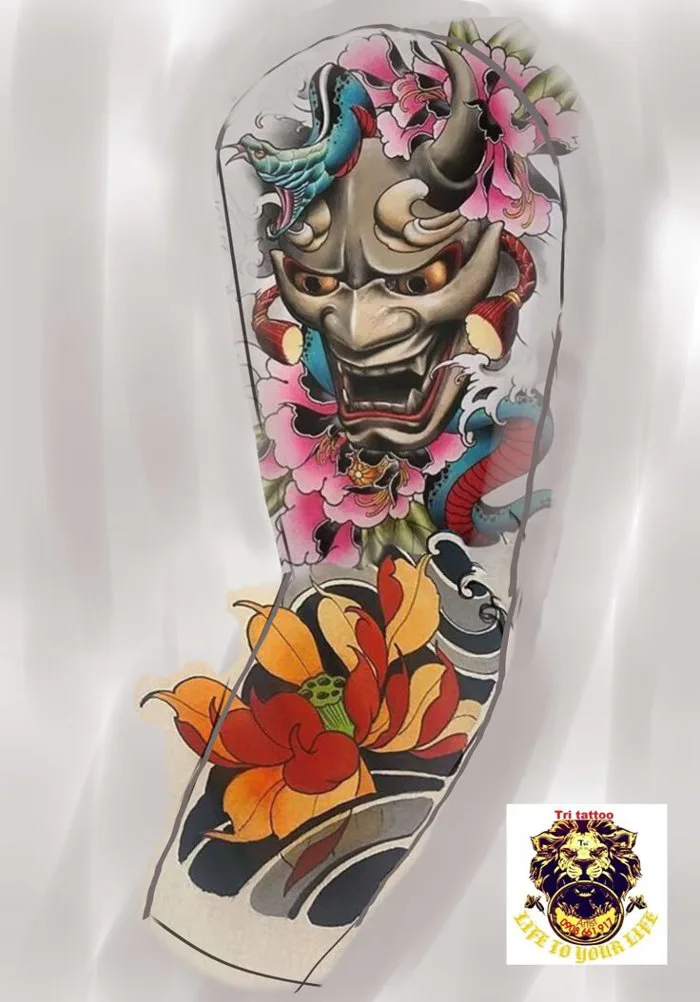 mẫu hình xăm mặt quỷ hoa sen bít tay , tattoo full tay , hình xăm nhật cổ  asian
