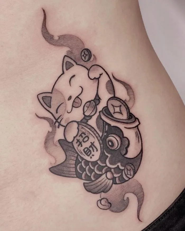 Mèo thần tài tattoo mini | Hình xăm mèo thần tài mini, Hình xăm nhật, Những