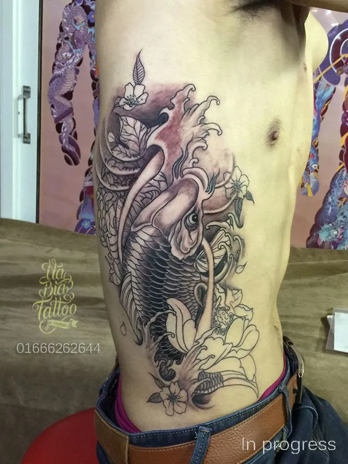 Koi fish tattoo, man tattoo, hình xăm cá chép, hình xăm sườn,xăm cá chép,cá