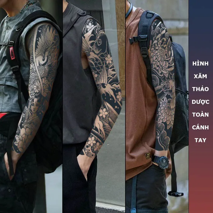 Hình xăm thảo dược nhật cổ toàn cánh tay QB-FULL nhiều lựa chọn, hình xăm  dán full tay 15 ngày chống nước