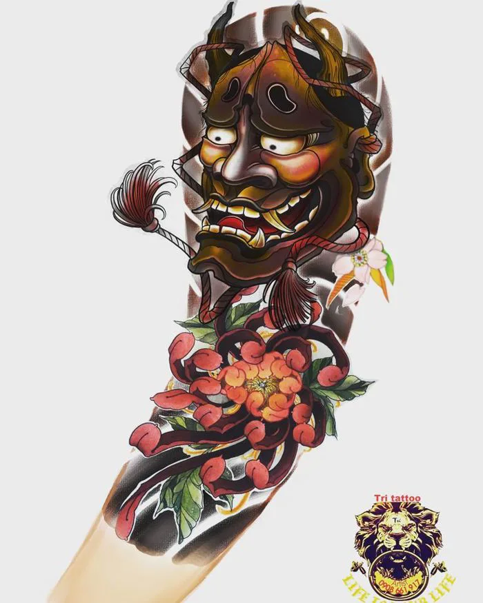 tattoo mặt quỷ hanya , hoa cúc full tay , hình xăm full tay , hình xăm bít  tay