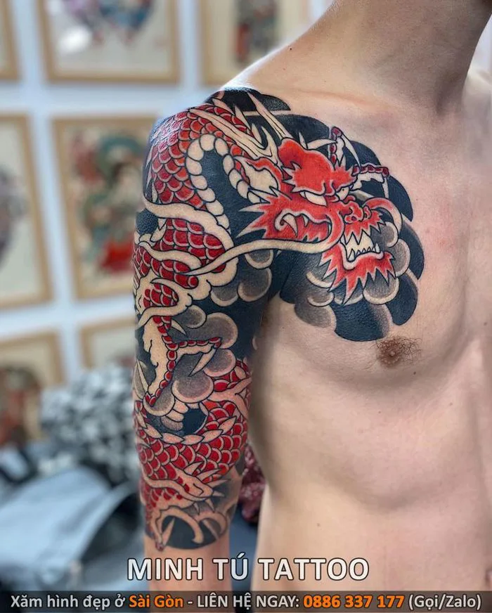 Hình xăm rồng nhật cổ bắp tay sang ngực