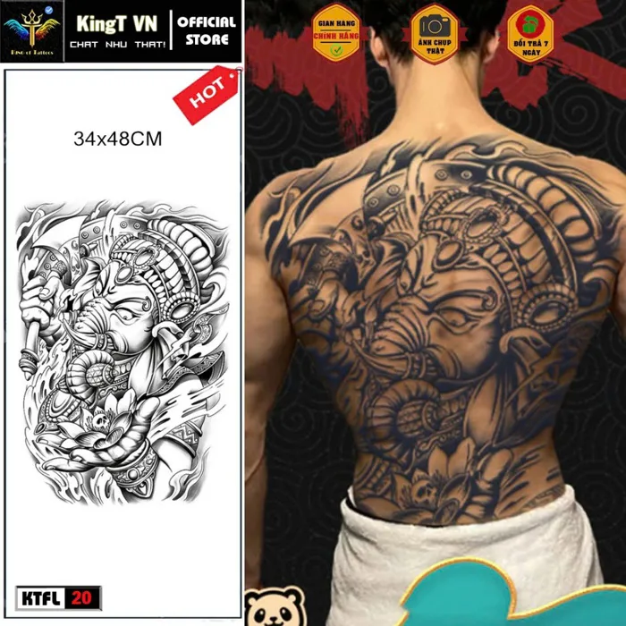 ✅ Hình xăm 15 ngày full lưng nhật cổ thần voi ganesha voi thần tài hàng  chính hãng KingT