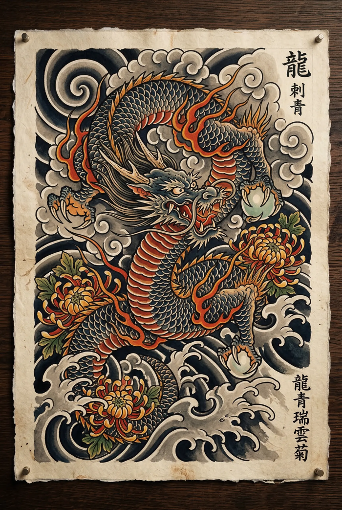 A traditional Japanese irezumi dragon tattoo design, the dragon weaving  through swirling clouds and ocean w... | AI Media Studio Gallery | AI Media  Studio