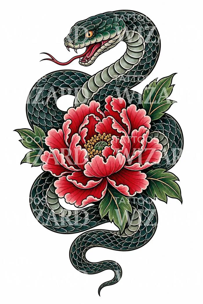 Irezumi Snake and Peony Tattoo Design – Tattoos Wizard Designs