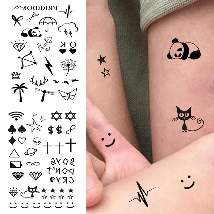 2pcs Black Cute Mini Pattern Finger Tattoos - Waterproof * Face, Heart,  Cross, Star, Dragonfly, Adorable Panda and Cat Temporary Tattoo Stickers  for Men & Women's Fingers, Arm Body Decoration * ...
