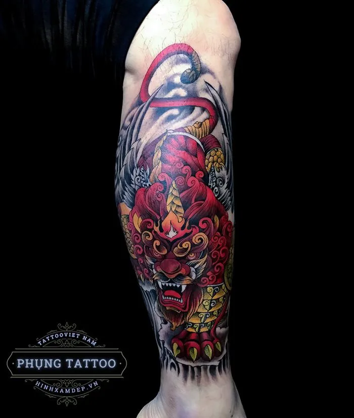 Hình xăm kỳ lân ở bắp chân nam thực hiện tại Minh Phụng Tattoo Bình Thạnh  HCM Sài Gòn