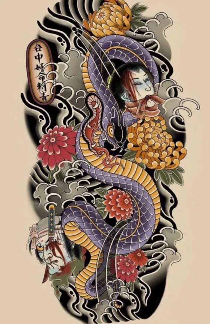 Rắn full tay nhật cổ | Rắn nhật cổ tattoo, Hình xăm rắn full chân, Hình