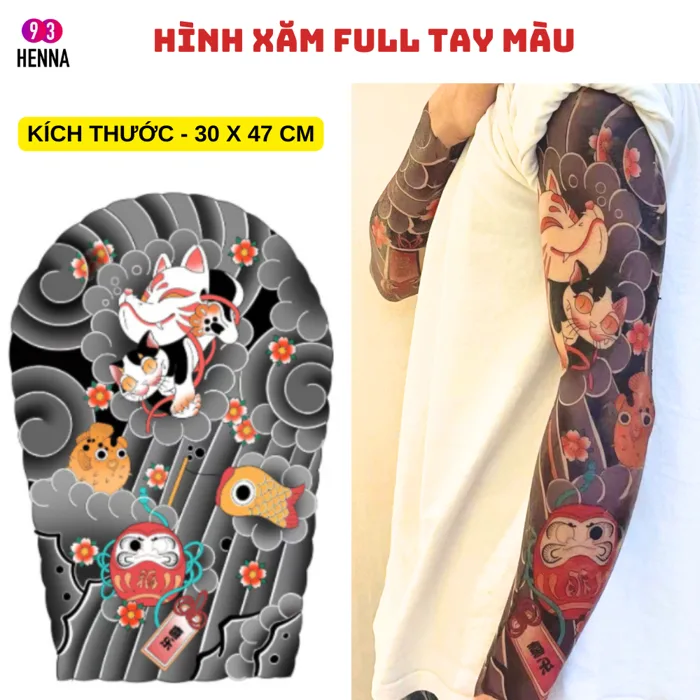 Hình xăm full tay Nhật Cổ màu lưu da 3-5 ngày kích thước 30x47cm
