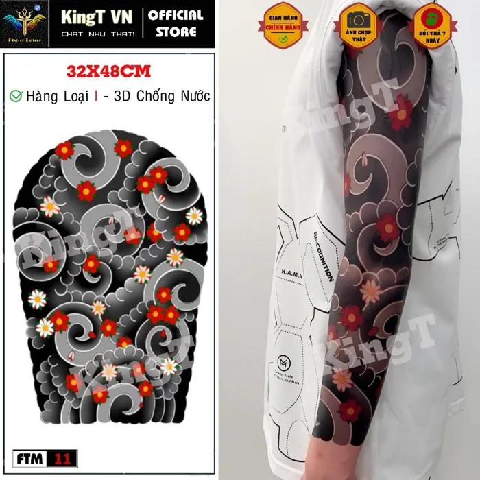 ✅ Hình xăm full tay màu nhật cổ hoa đào sóng biển khổ lớn độ bền 3-5 ngày  hàng chính hãng KingT
