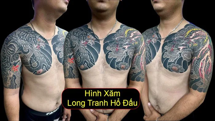 Hình Xăm Ngực Bắp Tay Long Tranh Hổ Đấu Nhật Cổ
