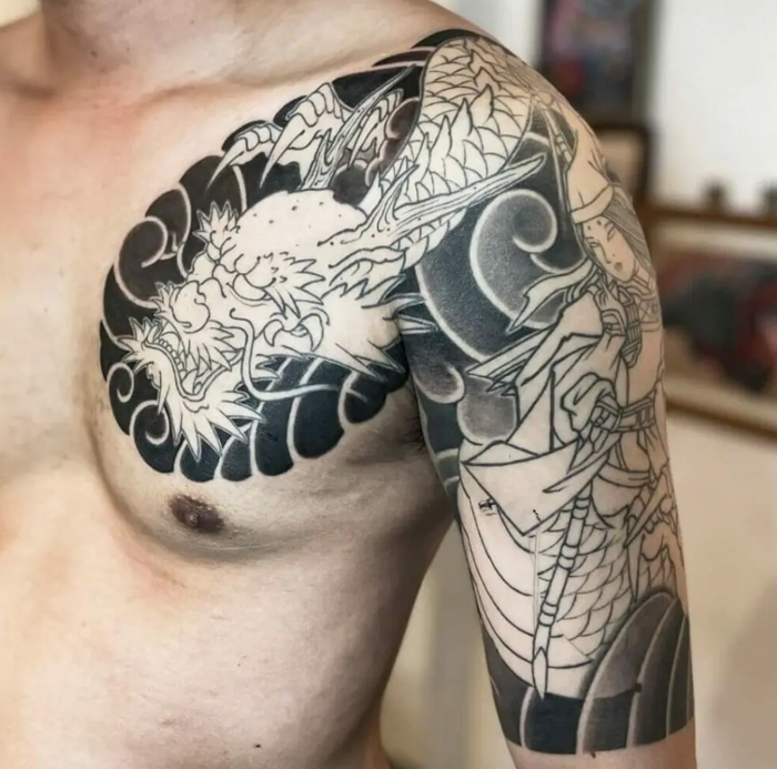 Hình xăm nhật cổ nửa tay cánh tay qua ngực đẹp chất