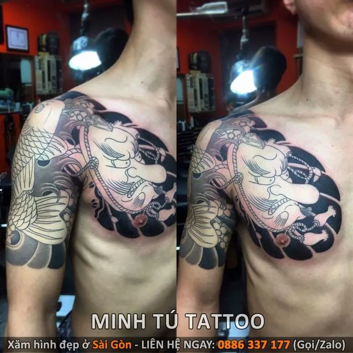 Hình xăm nhật cổ bắp tay sang ngực cho nam