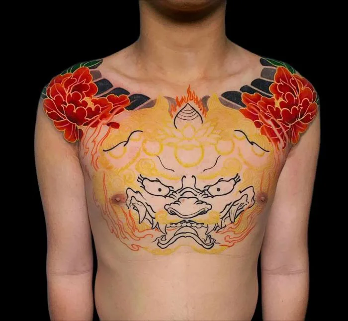 Hình xăm nhật cổ full bụng nữa ngực xuống nữa bụng đẹp