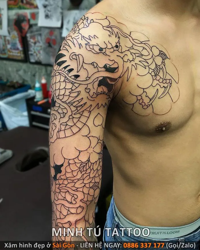 Hình xăm rồng nhật cổ full tay sang ngực