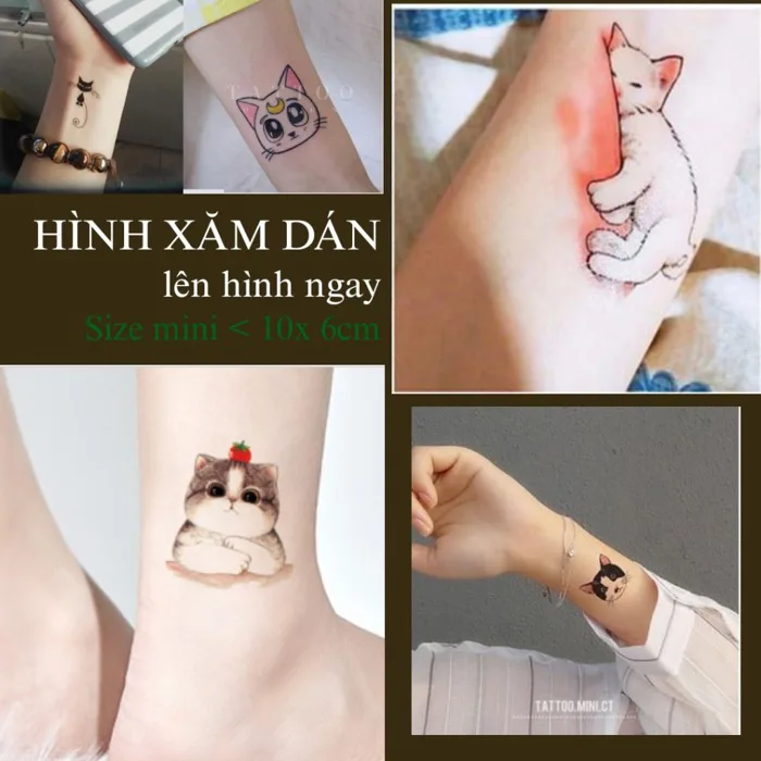 3 hình xăm dán mèo cute, mèo thần tài, linh miêu.Xăm dán tatoo tạm thời BST  mèo mini size <10x6cm,không chống nước